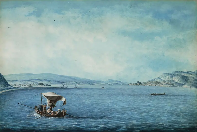 Watercolour by Luigi Mayer depicting a serene marine landscape.