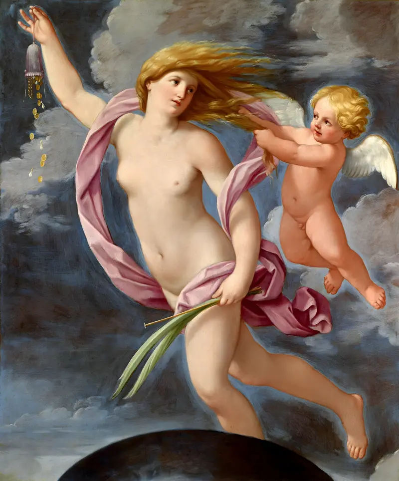 A depiction of Fortuna holding a purse, symbolizing fortune and wealth.