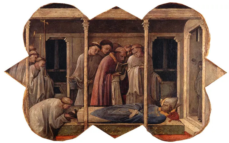 The Funeral of a Bishop Saint by Fra Angelico depicts a solemn scene of mourning around a bishop's body.
