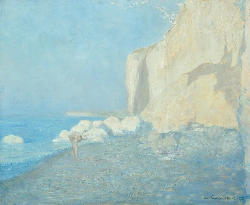 Marine Mer, bleue et falaise by Charles Conder, oil painting depicting waves crashing against cliffs
