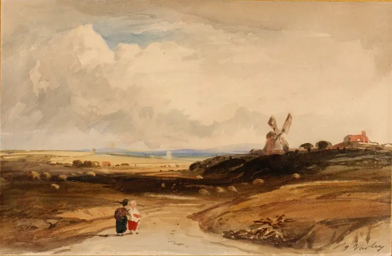 Watercolour by John Varley depicting a serene landscape with hills and a stream.