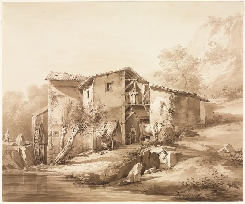 Landscape with Watermill, etching by Jean-Jacques de Boissieu, depicting a tranquil river and countryside.