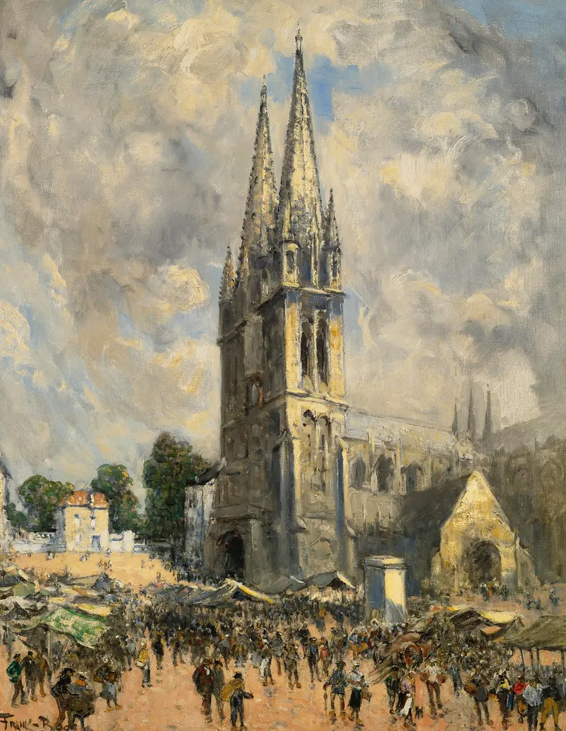 Eglise En Normandie by Frank Myers Boggs, oil on canvas depicting a church illuminated by dawn light.