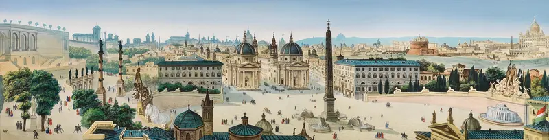 Landscape by Leopoldo Calvi, showcasing a city with soft blues and ochre hues.