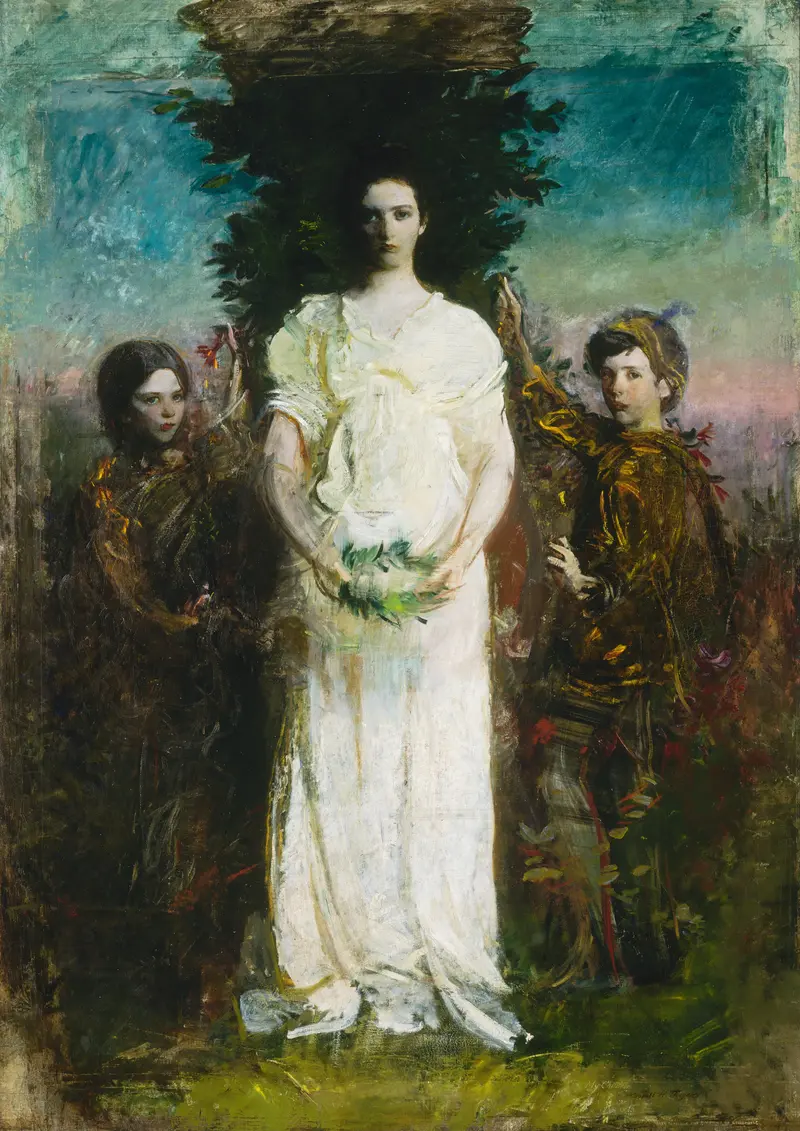 Three children, one luminous in white, stand amidst dark foliage, their expressions solemn and gestures suggestive of a ritual.