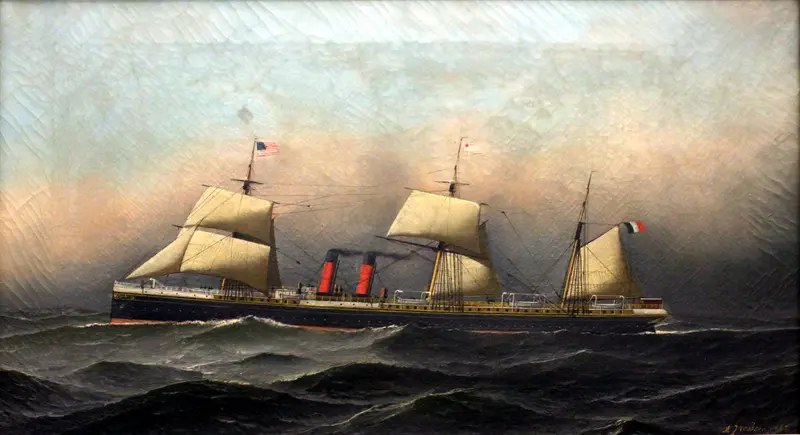 A ship with twin red funnels cuts through a restless sea under a dramatic sky.