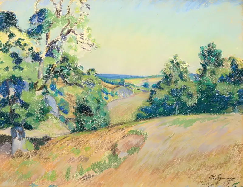 A vibrant landscape painting by Armand Guillaumin featuring lush greenery and a serene river.