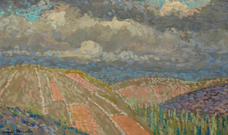 Landscape of hills with soft greens and browns, oil painting by Henri Martin