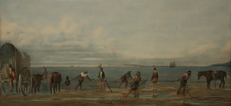 Oil painting by Prilidiano Pueyrredòn depicting a fisherman with a net by the river.