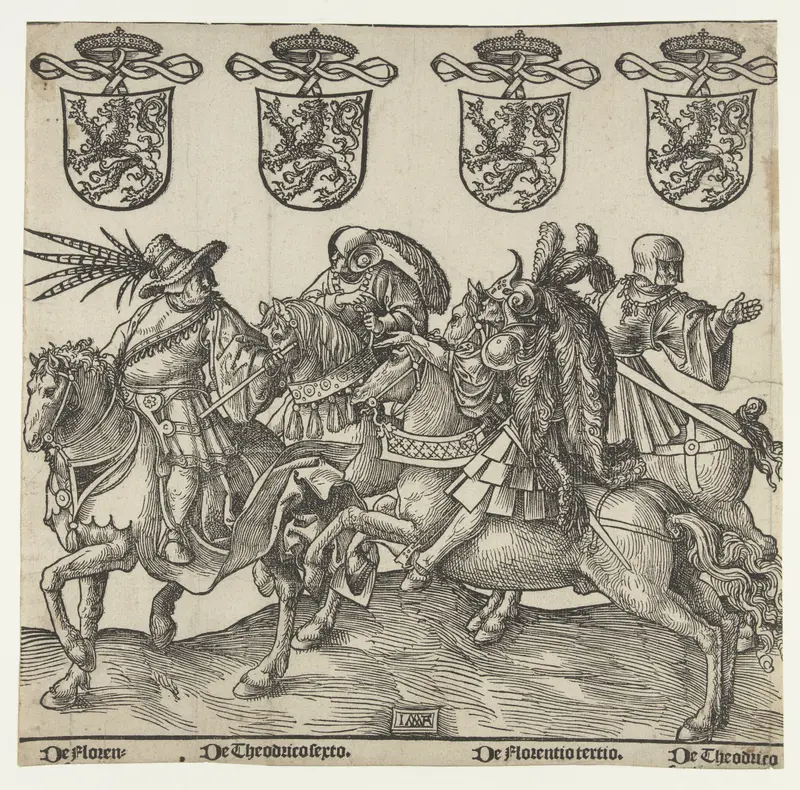 Historical drawing on paper by Jacob Cornelisz van Oostsanen depicting noble figures.