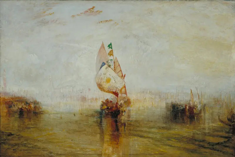 A golden-hued Venetian lagoon scene with a central sailing vessel, gondolas, a distant campanile, and a glowing sky.