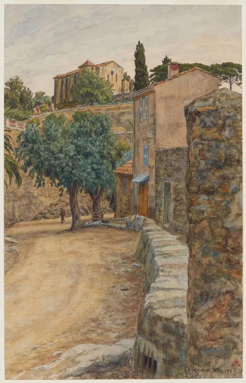 Rue à Bormes, watercolor on paper by Henri Rivière depicting a serene village pathway.