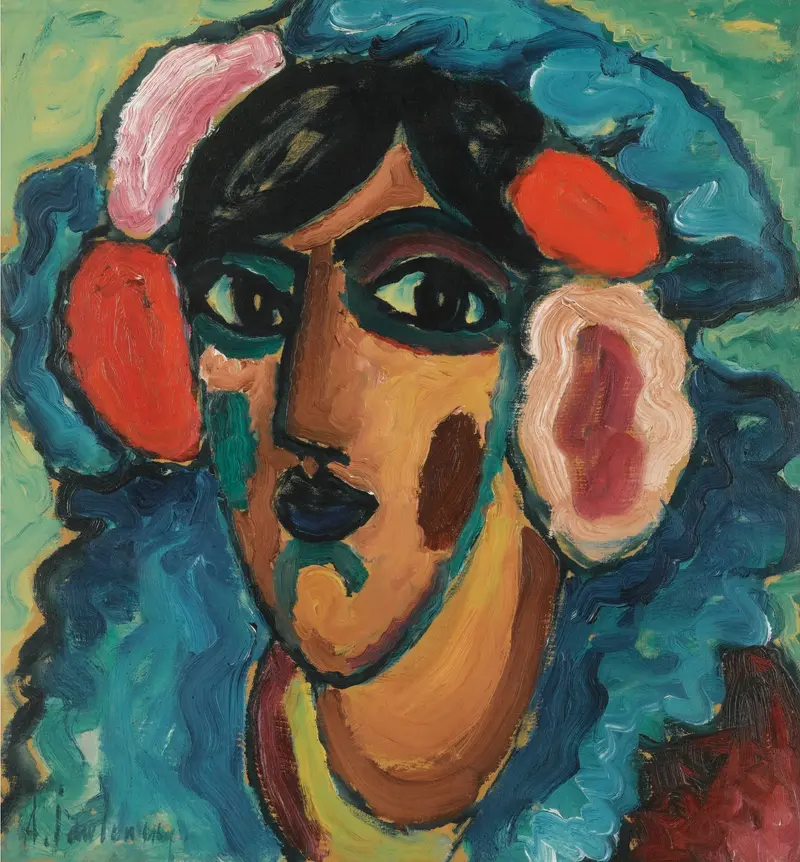 A mask-like face with bold colors and thick brushwork, surrounded by swirling blue and green.
