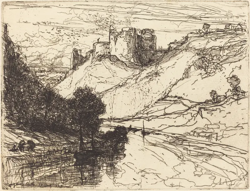 Kilgaren Castle, etching by Francis Seymour Haden, features a fortress surrounded by lush greenery.