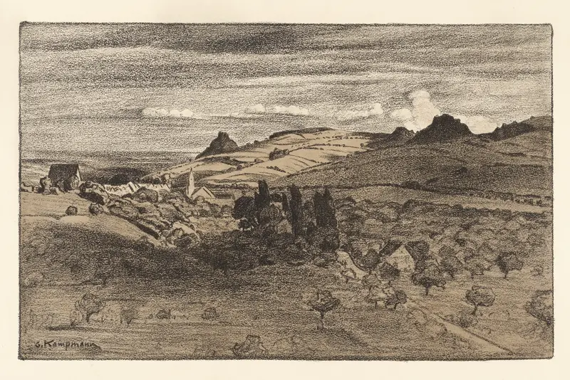 Oil painting by Gustav Kampmann depicting hills and sky in spring