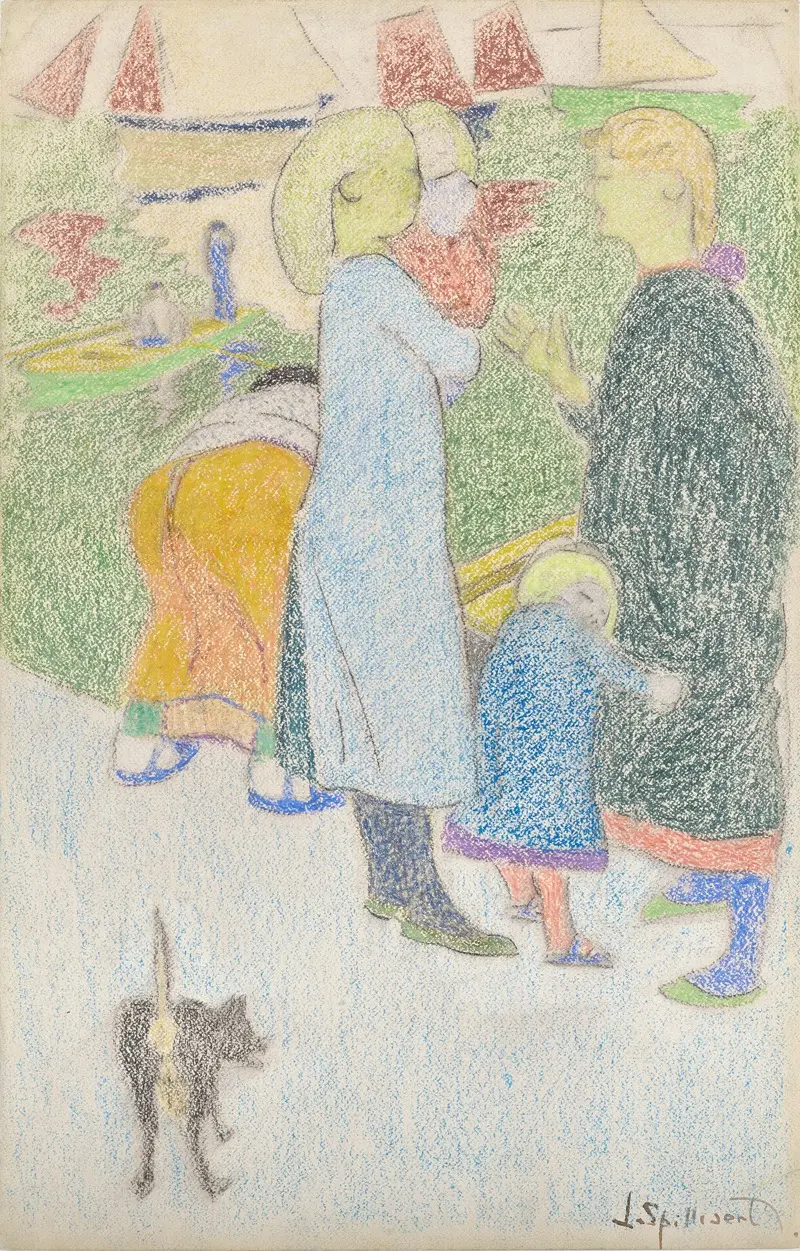 A serene scene of mothers and children at the Ostend port.
