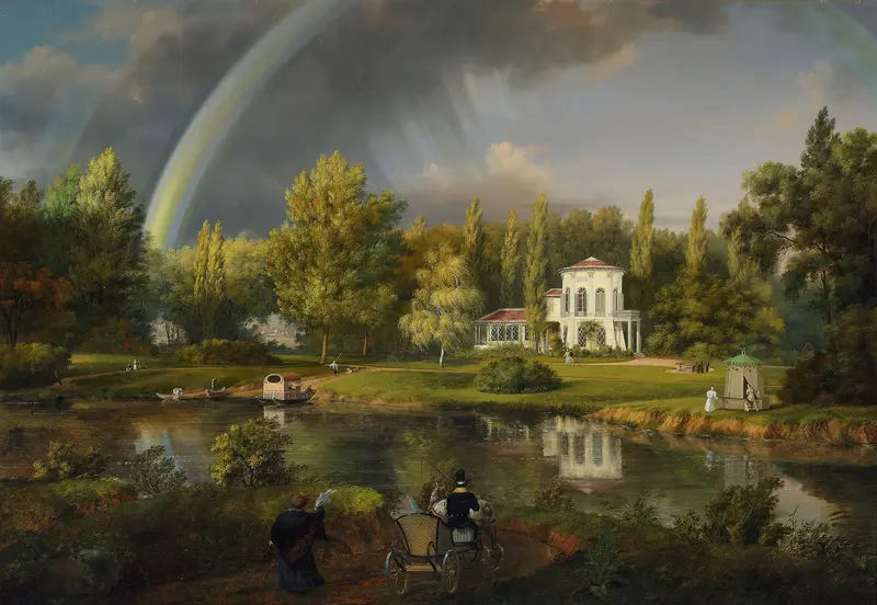 View of Morysinek in Wilanów by Wincenty Kasprzycki, oil on canvas depicting a lush landscape with sunlight.