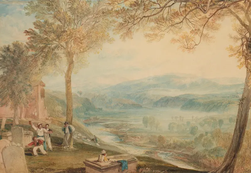 A serene depiction of Kirkby Lonsdale Churchyard with ancient gravestones and St Mary’s Church tower.