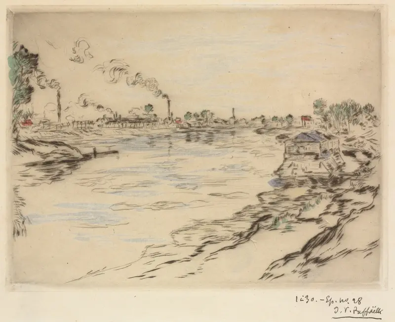 La Seine, à Asnières by Jean François Raffaëlli, oil on canvas depicting boats on shimmering water.