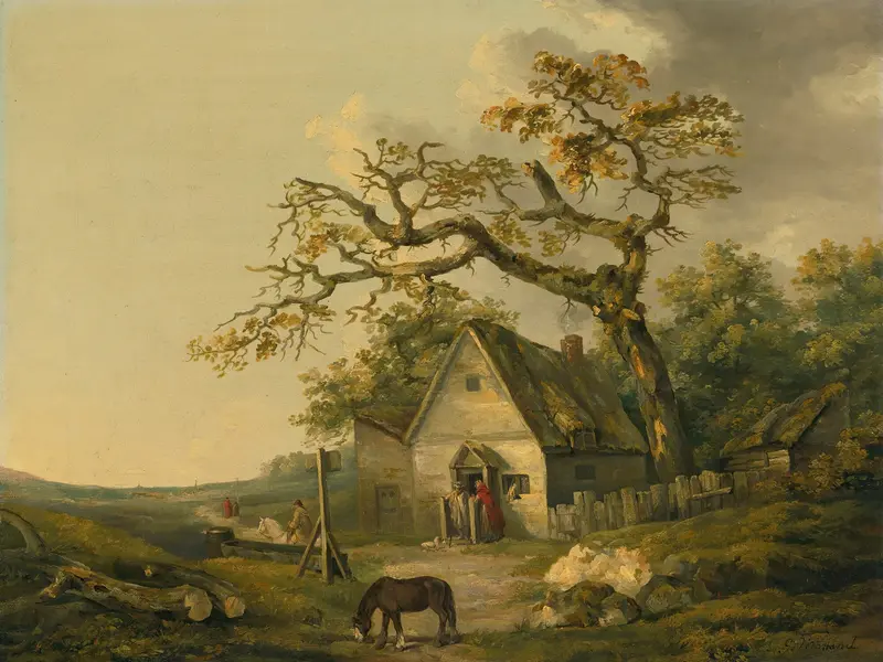 A Country Inn by George Morland, genre scene depicting a rustic inn in a landscape, oil painting