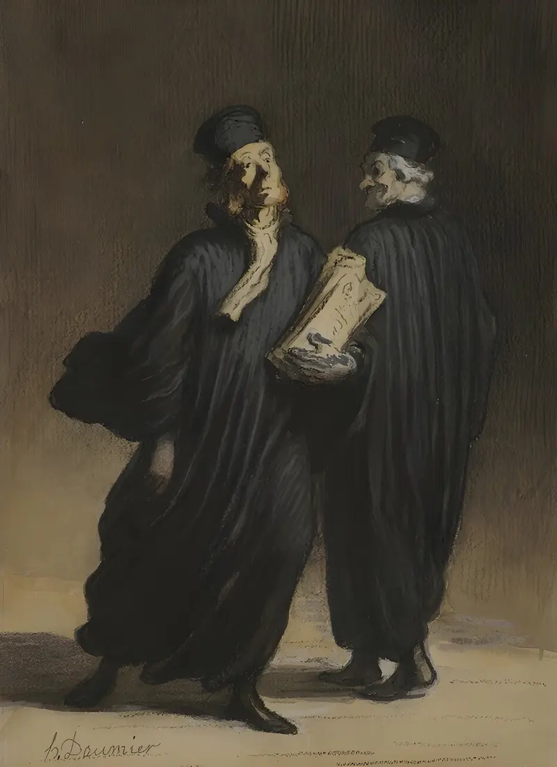 Honoré Daumier's 'Les Avocats' depicts a courtroom scene with lawyers engaged in discussion.