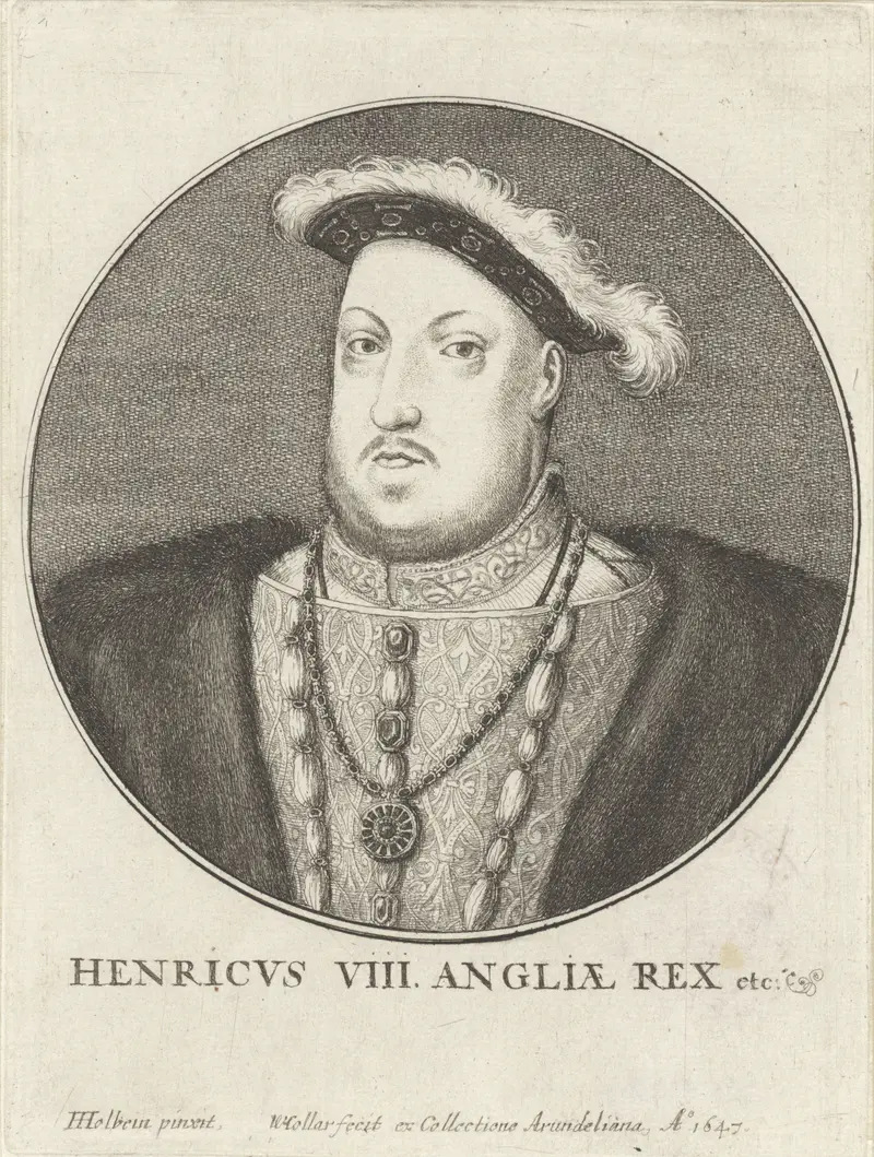 Etching of Henry VIII by Wenceslaus Hollar, featuring a regal figure in opulent attire.