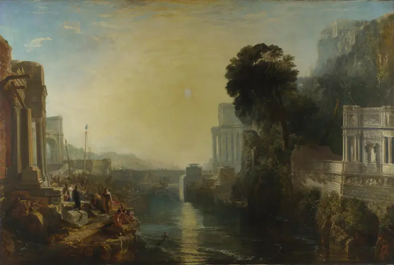 A golden sky over calm water with classical buildings, figures in robes, boats, and a large tree casting shadows over a tomb-like structure.
