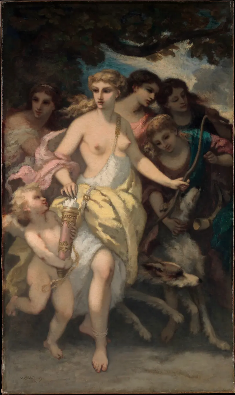 A painting titled 'Diana' by Narcisse-Virgile Diaz de La Peña depicting the Roman goddess of the hunt.