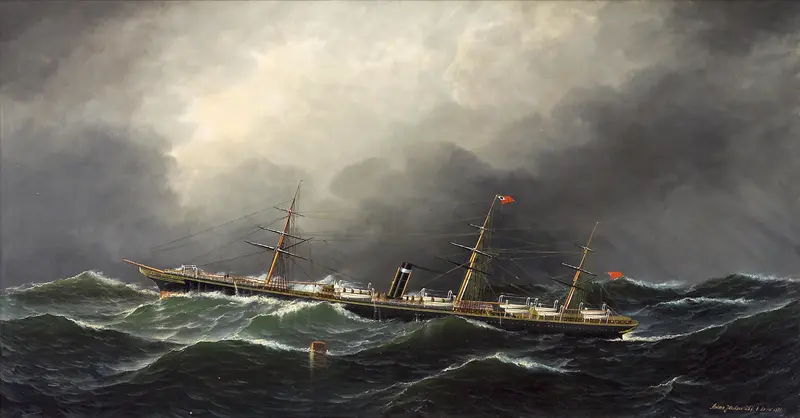 A steamship rides the edge of tumultuous waves under a stormy sky.