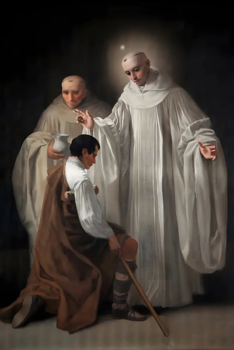 Saint Bernard of Clairvaux performs a miracle by curing a cripple, depicted with dramatic light and emotional intensity.
