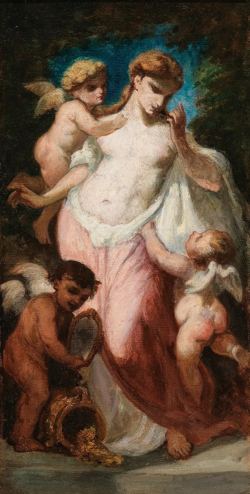 A painting depicting love and wealth through allegorical figures.