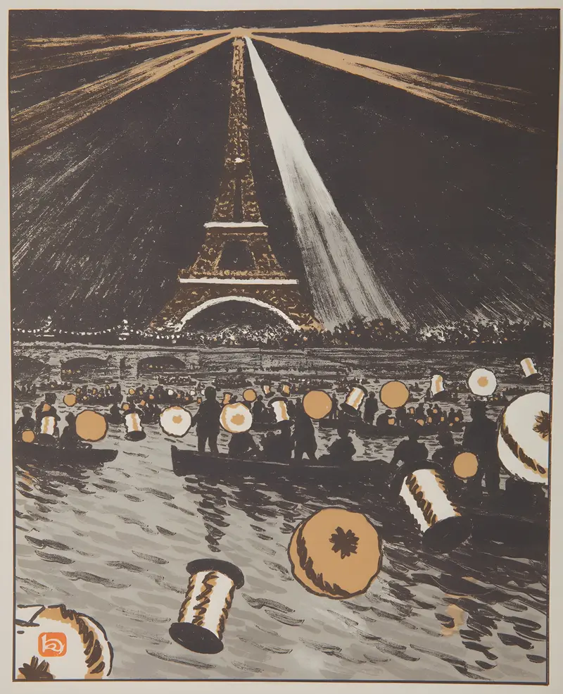 Henri Rivière's 'Fete sur la Seine, 14 Juillet' captures a vibrant celebration on the Seine River.