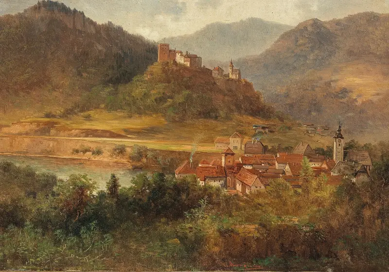 Landscape depicting a village with a river and castle, oil painting by Adolf Obermüllner