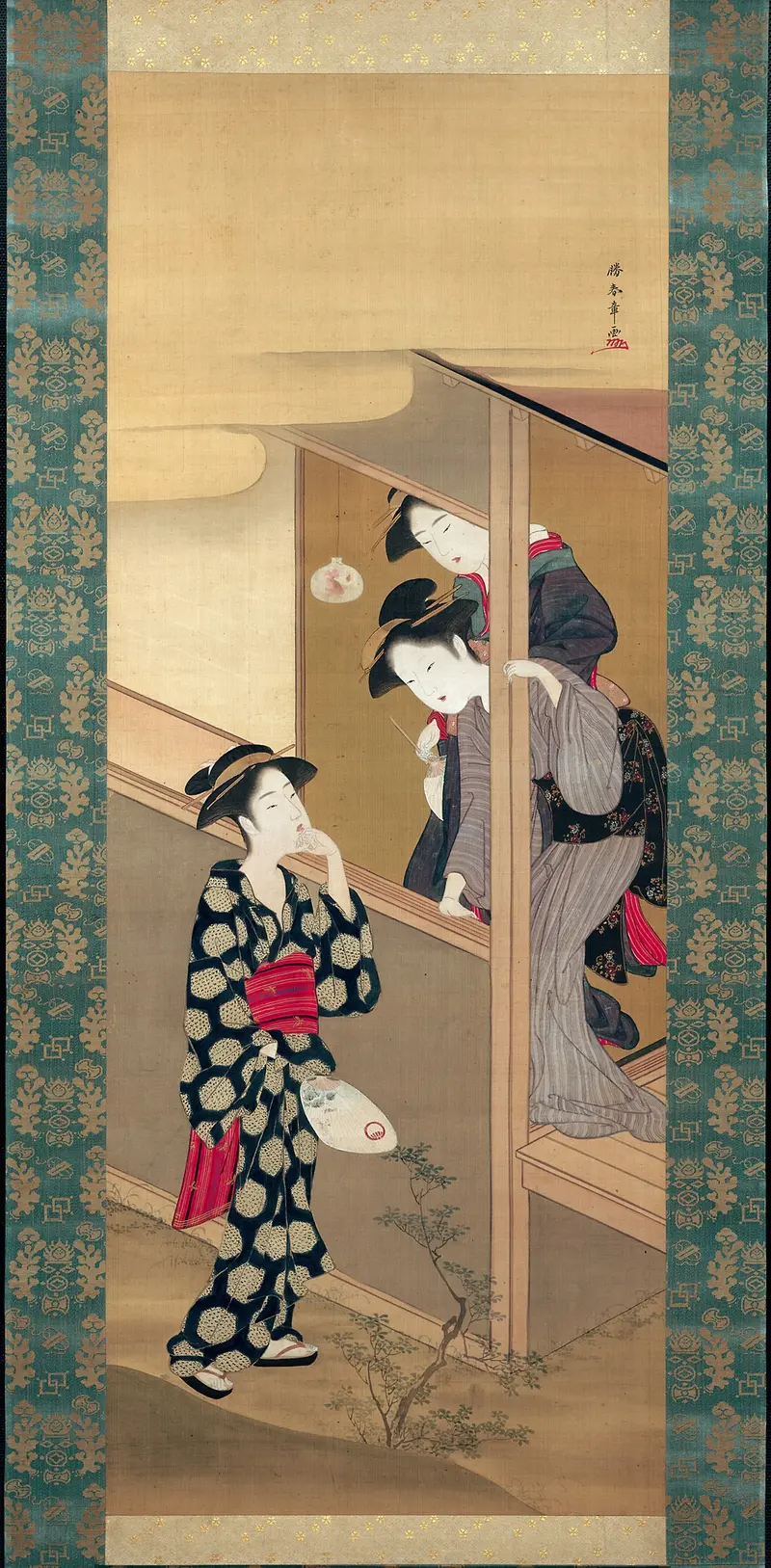 Three women in silk kimonos chatting by a veranda, Katsukawa Shunsho, silk