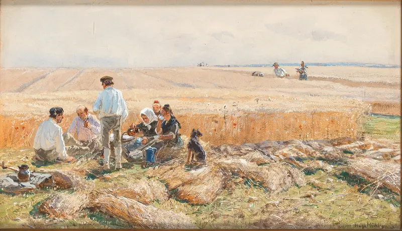 Figurative oil painting by Hugo Mühlig depicting a figure reclining in a lush landscape.