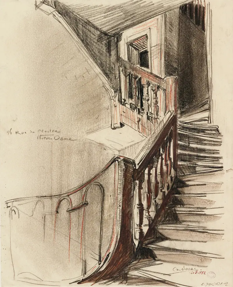 Interior scene featuring a staircase in ochre and blue by Charles Jouas.