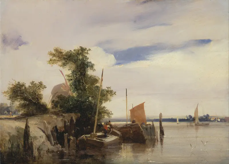 Barges on a river, oil painting by Richard Parkes Bonington