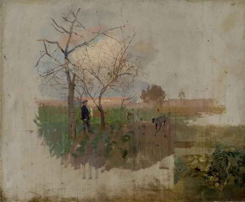 Autumn in an Orchard, oil on canvas by Ladislav Mednyánszky depicting women harvesting apples.