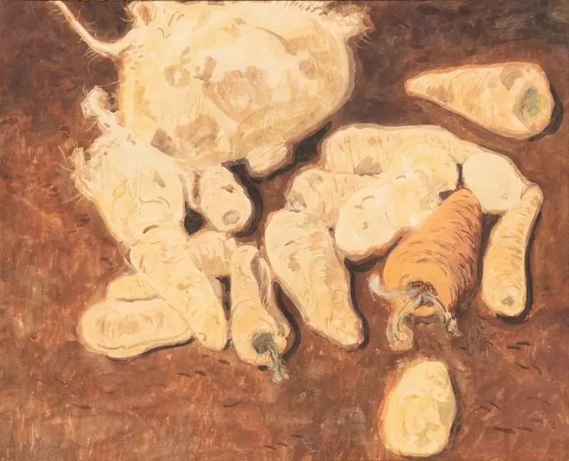 A still life painting featuring turnips and carrots by Léon Spilliaert.
