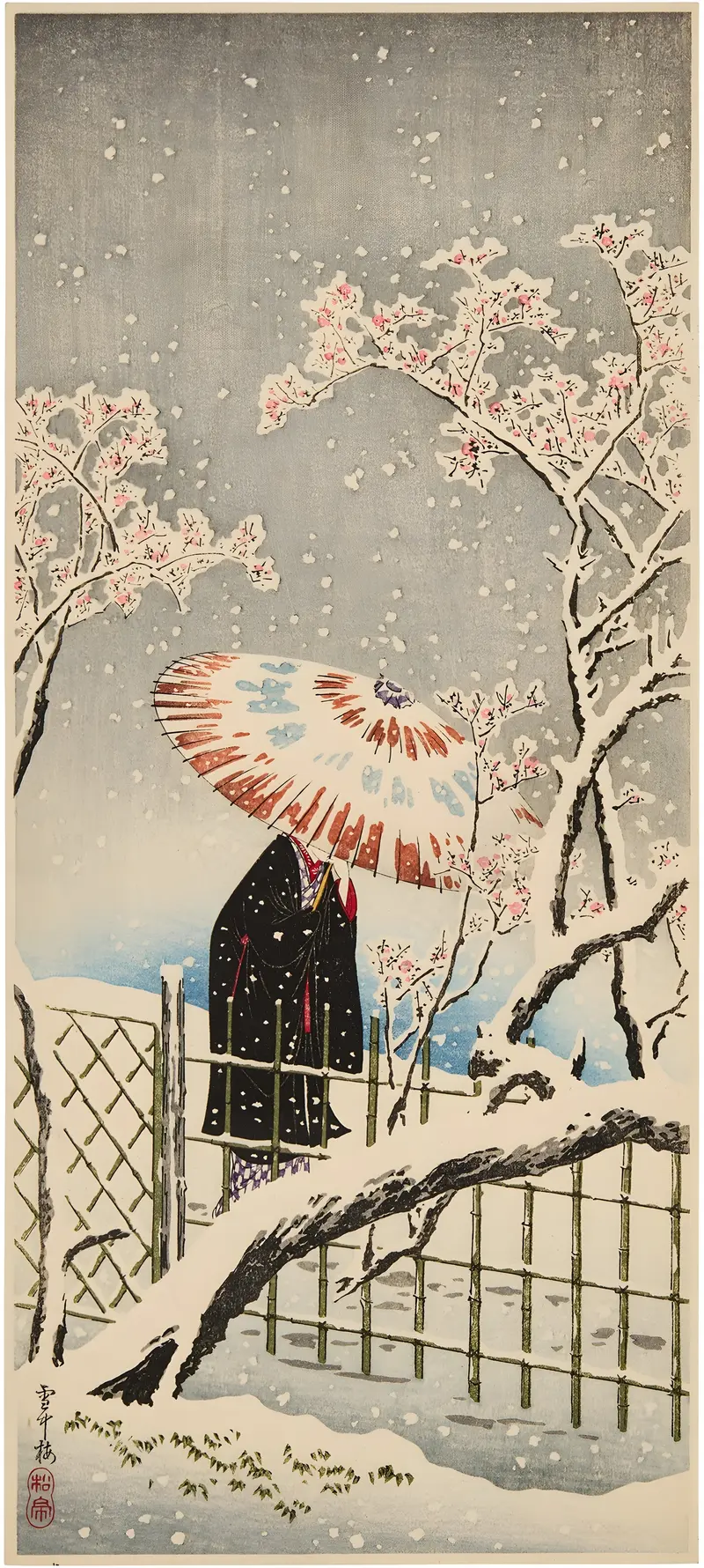 Woodblock print by Takahashi Hiroaki depicting a snow-covered bridge in a winter landscape
