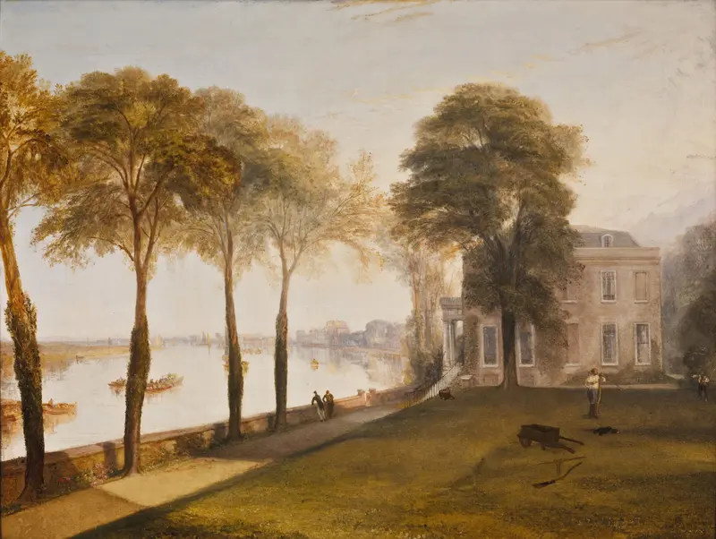 A sunlit riverside scene showing a wide lawn, tall trees, a large house, two women walking on a path, and boats on the River Thames.