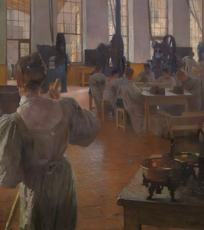 A depiction of workers in a coffee factory by Carl Moll.