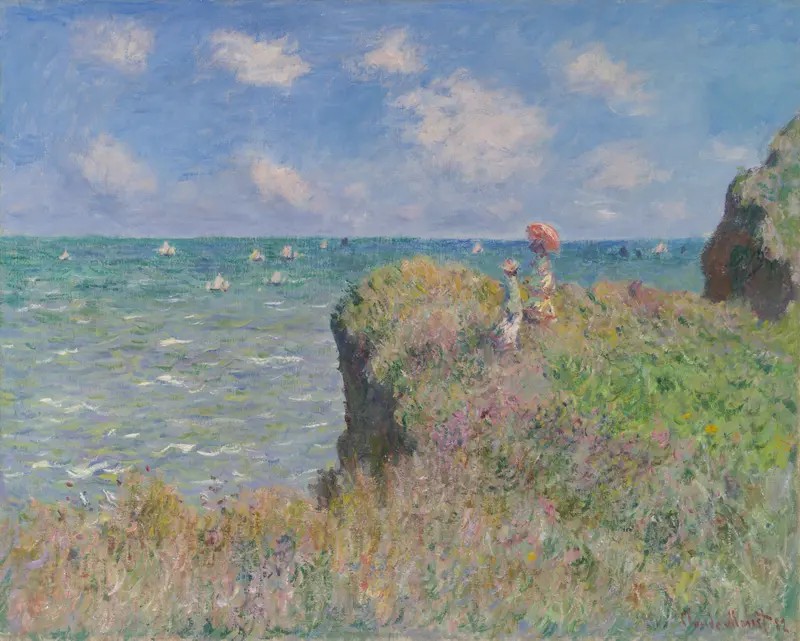 Cliff Walk at Pourville, oil on canvas by Claude Monet, depicting cliffs and sea under dynamic skies.