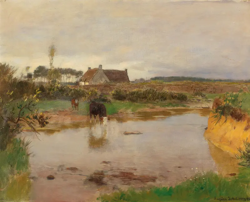 Flusslandschaft mit Kühen by Eugen Jettel, oil on canvas depicting a tranquil river and grazing cows