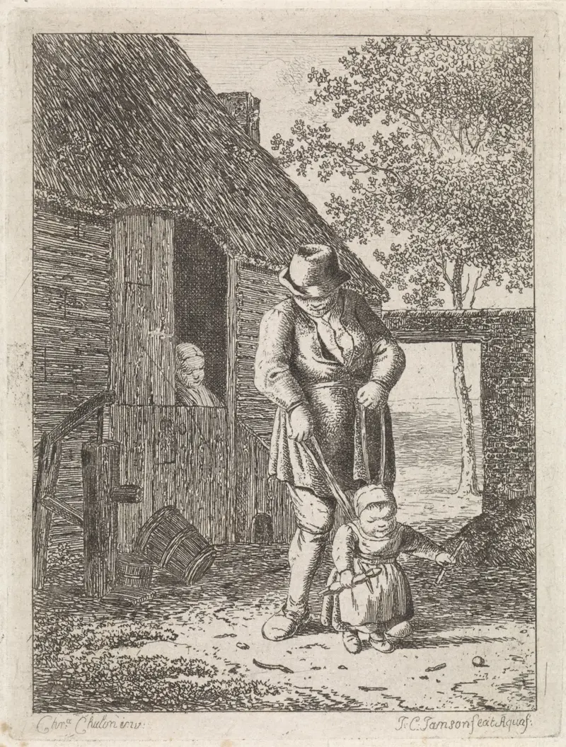 Etching by Johannes Christiaan Janson depicting a farmer with a child on a leash.