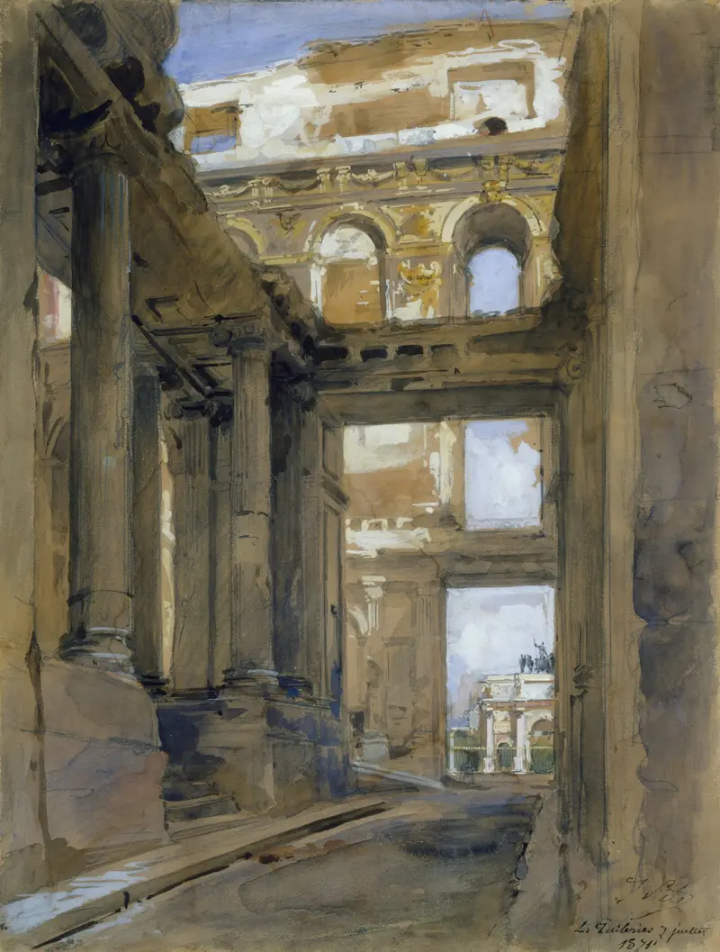 Ruins of the Tuileries Palace by Isidore Pils, oil on canvas depicting a twisted column amidst debris.