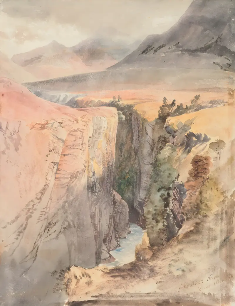 The River Von, near Lake Wakatipu by Nicholas Chevalier, oil on canvas depicting a river and mountains.