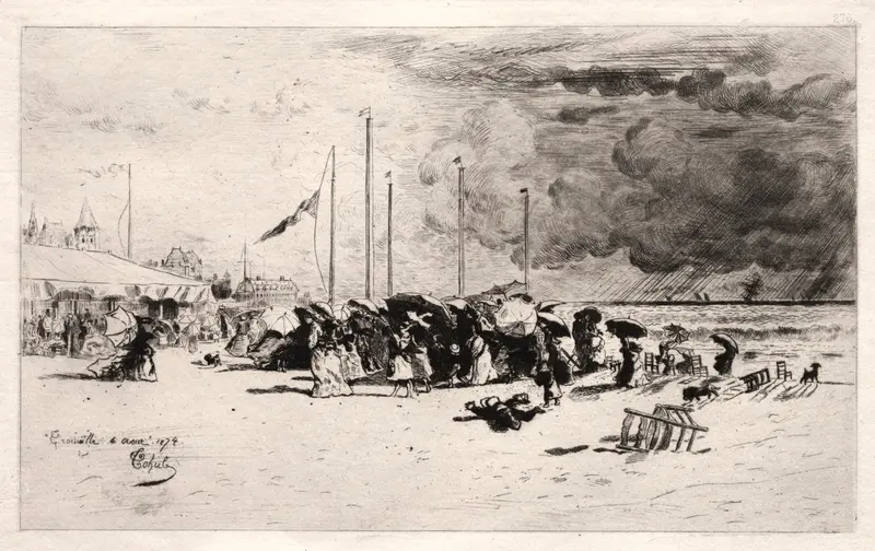 The Squall at Trouville, etching by Félix Hilaire Buhot, depicting a stormy sea and swirling clouds.