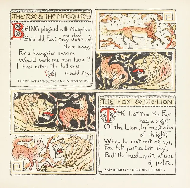 This painting depicts a fox surrounded by mosquitoes and a lion, showcasing a blend of animal themes.