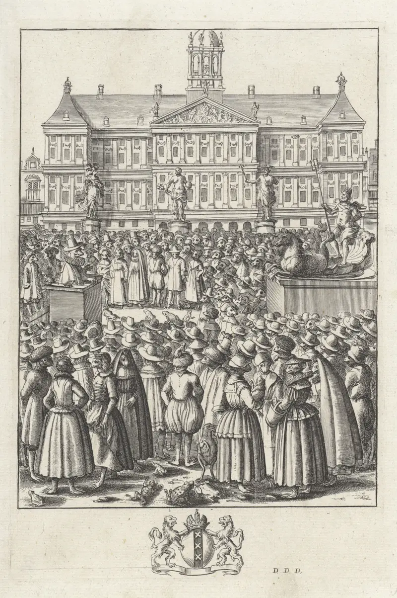 Etching by Unknown Artist depicting frogs as Amsterdam citizens